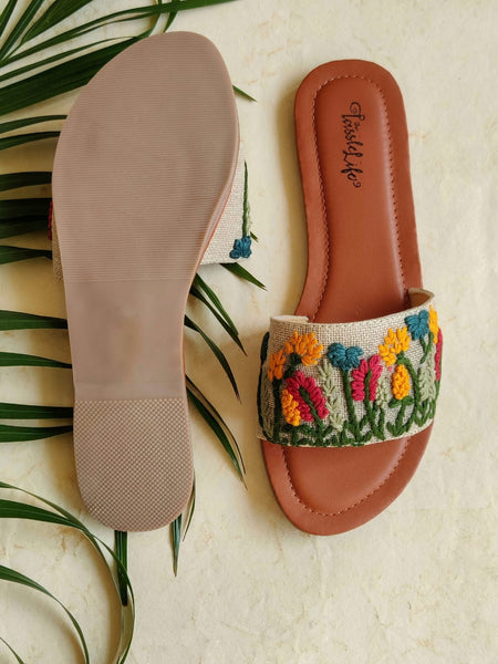 Hand Embroidered Floral Jute Sliders