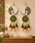 Shubh Labh Elephant Wall Hanging with Tassels & Beads – Green & Gold