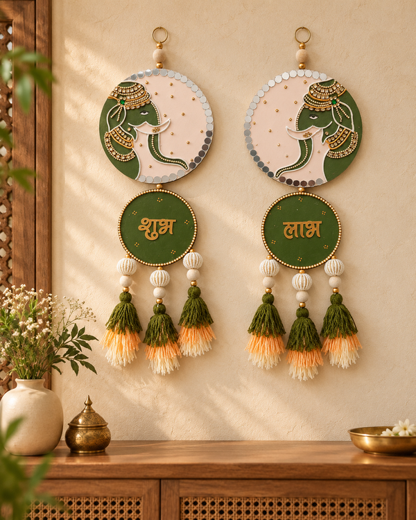 Shubh Labh Elephant Wall Hanging with Tassels & Beads – Green & Gold