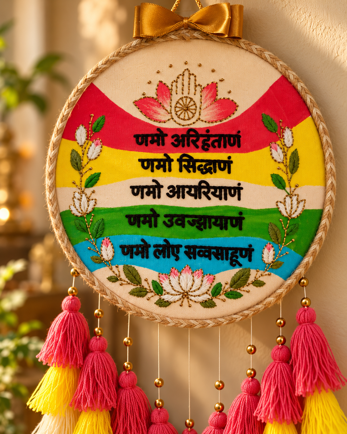 Handcrafted Jain Navkar Mantra Embroidered Wall Hanging with Tassels