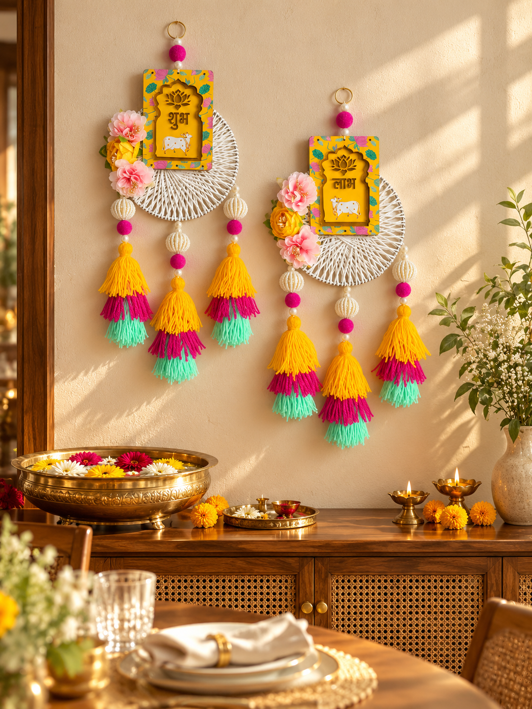 Shubh Labh Festive Wall Hanging – Yellow & Pink