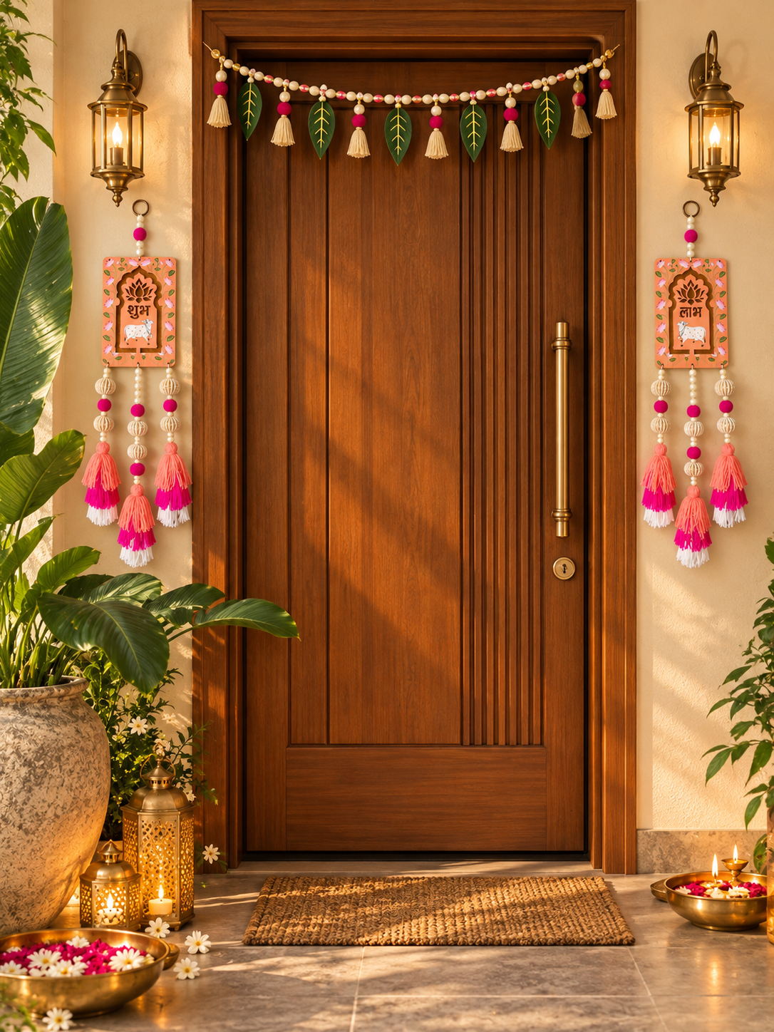 Shubh Labh Wall Hanging with Tassels – Peach & Pink