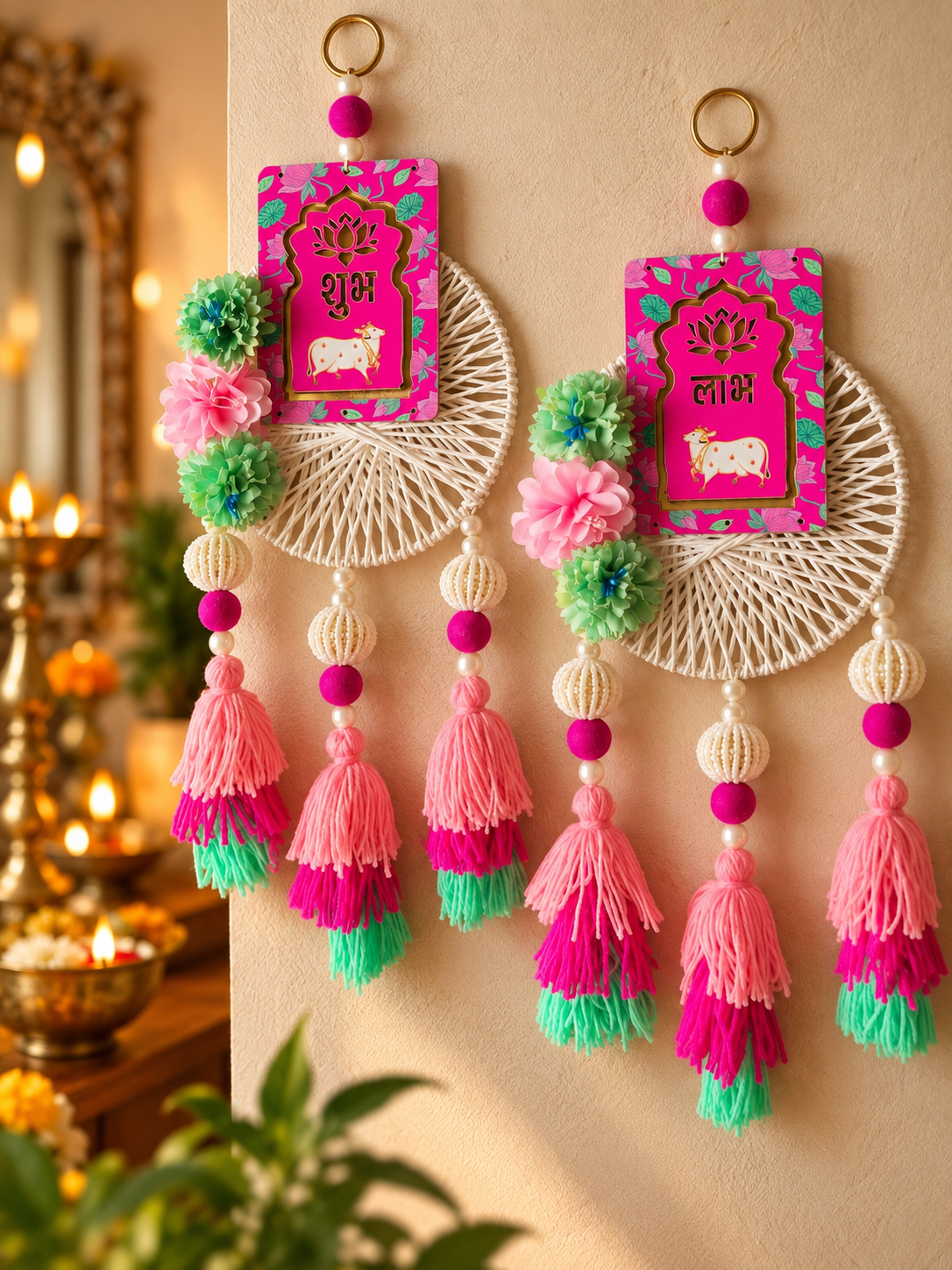 Shubh Labh Festive Wall Hanging – Pink & Mint