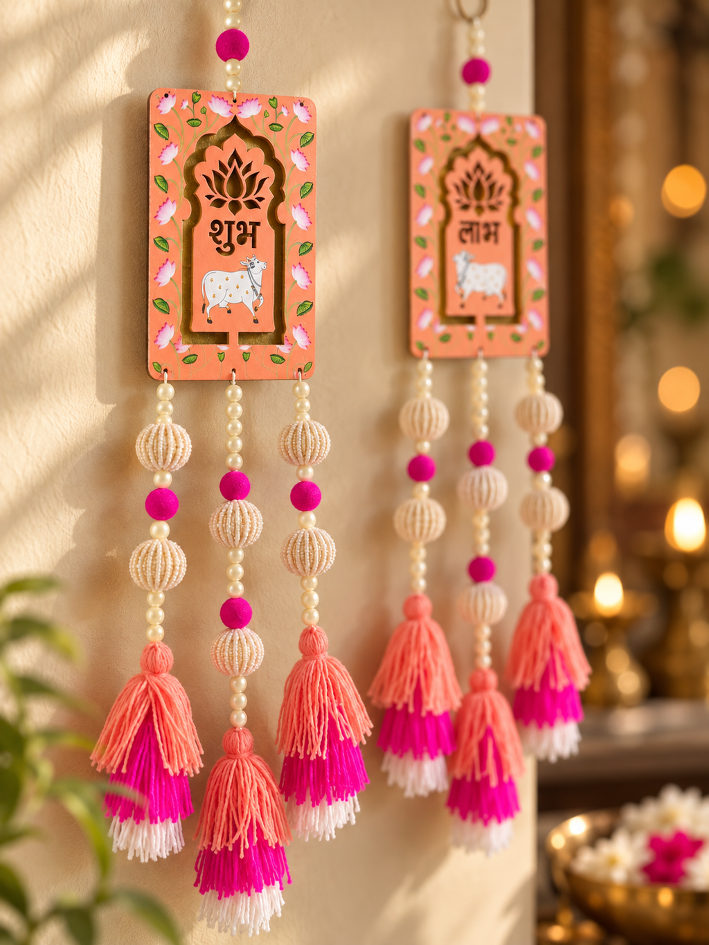 Shubh Labh Wall Hanging with Tassels – Peach & Pink