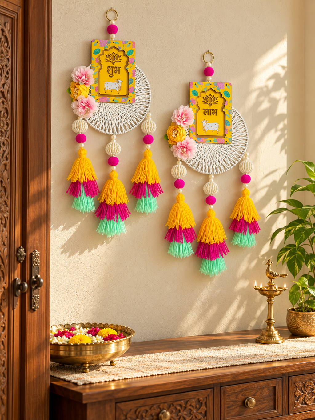 Shubh Labh Festive Wall Hanging – Yellow & Pink