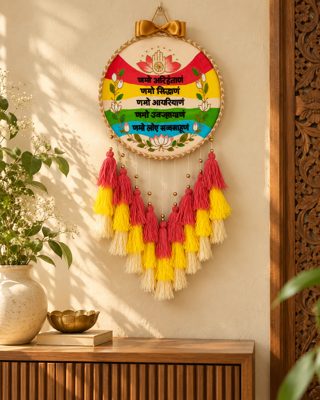 Handcrafted Jain Navkar Mantra Embroidered Wall Hanging with Tassels
