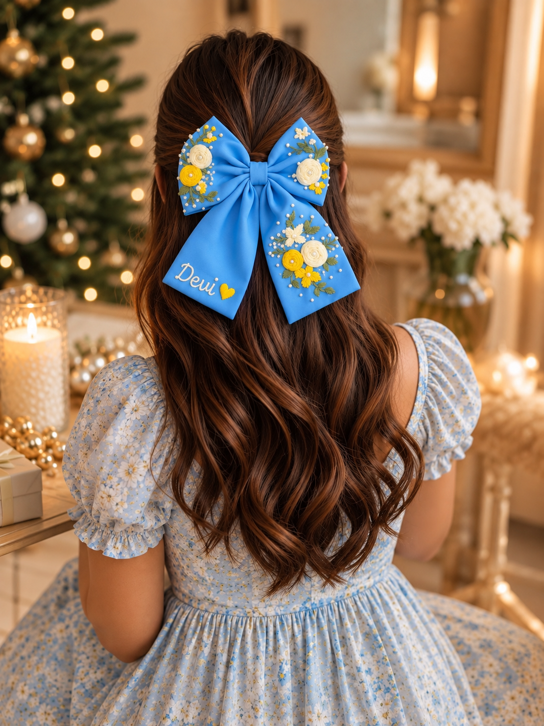 Powder Blue Embroidered Hair Bow with Name