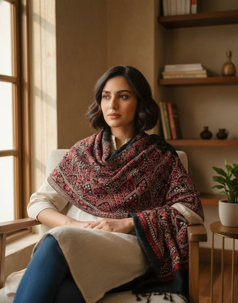 Red & Black Embroidered Heritage Stole