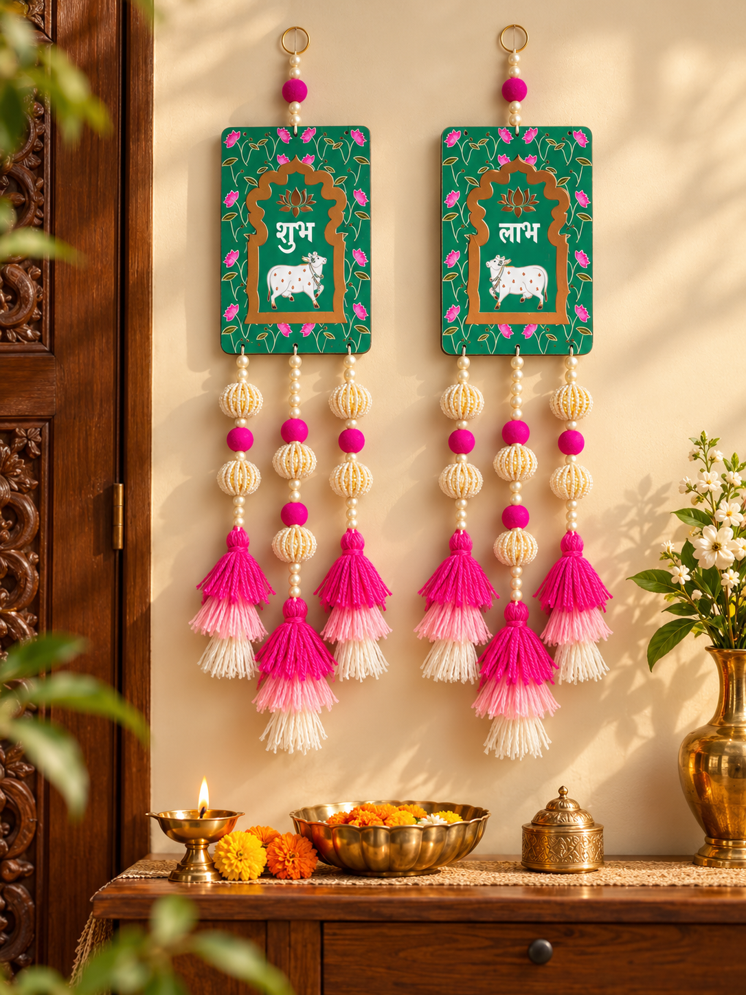 Shubh Labh Wall Hanging with Tassels – Green