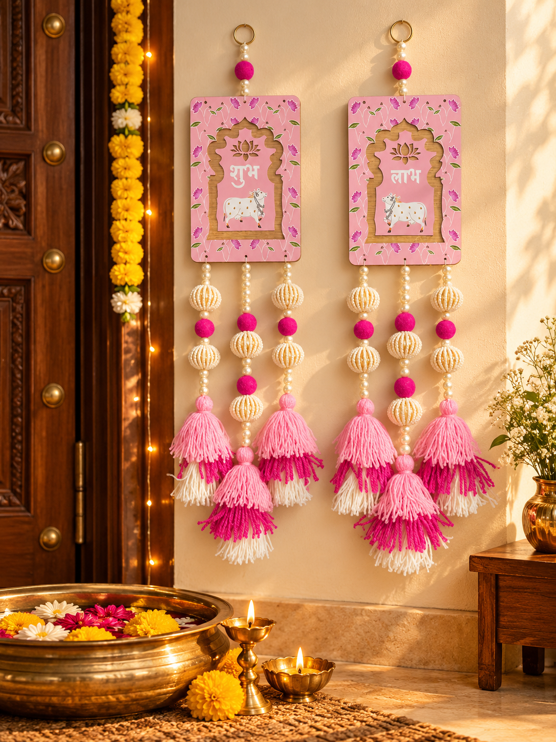 Shubh Labh Wall Hanging with Tassels – Pink