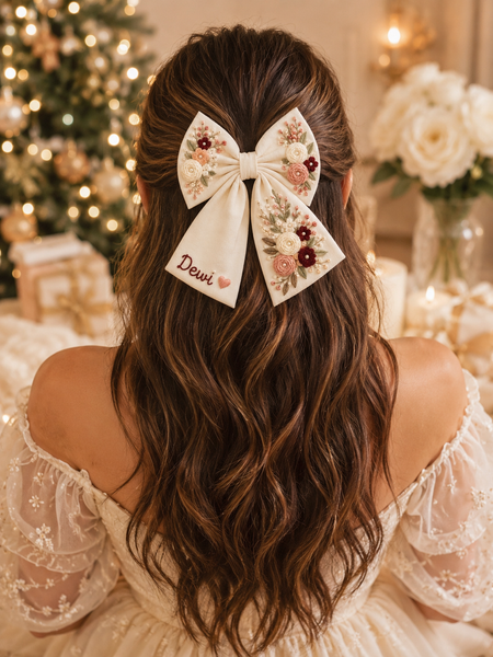 Cream Embroidered Hair Bow with Name