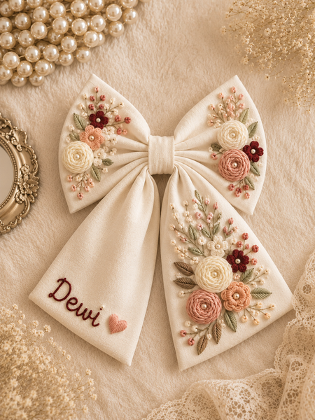 Cream Embroidered Hair Bow with Name