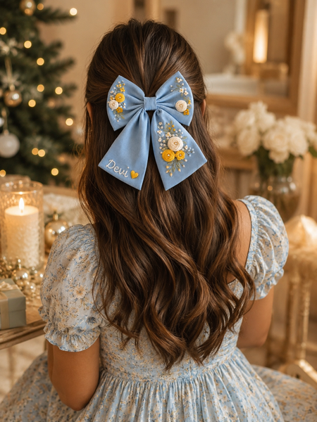 Powder Blue Embroidered Hair Bow with Name