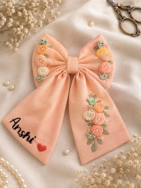 Peach Hand Embroidered Hair Bow with Name
