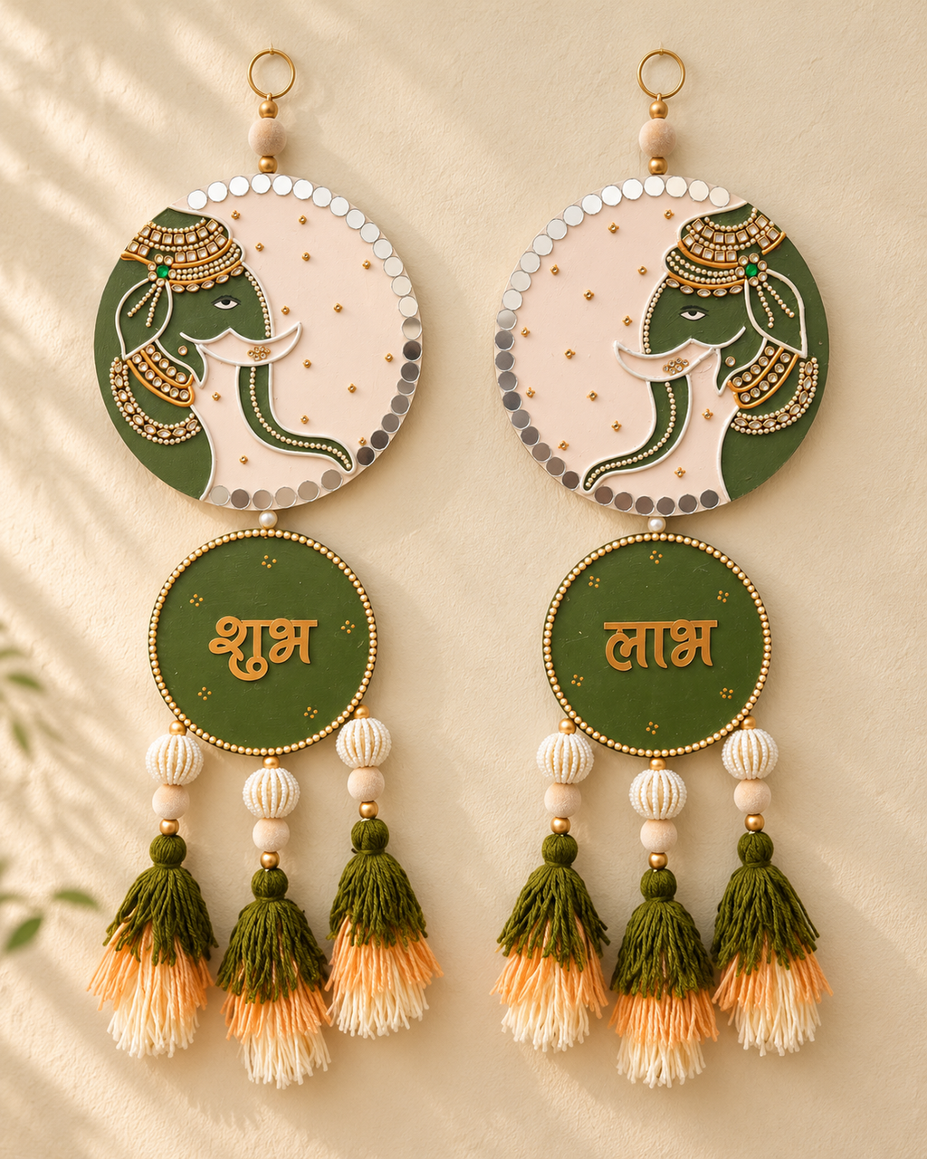 Shubh Labh Elephant Wall Hanging with Tassels & Beads – Green & Gold