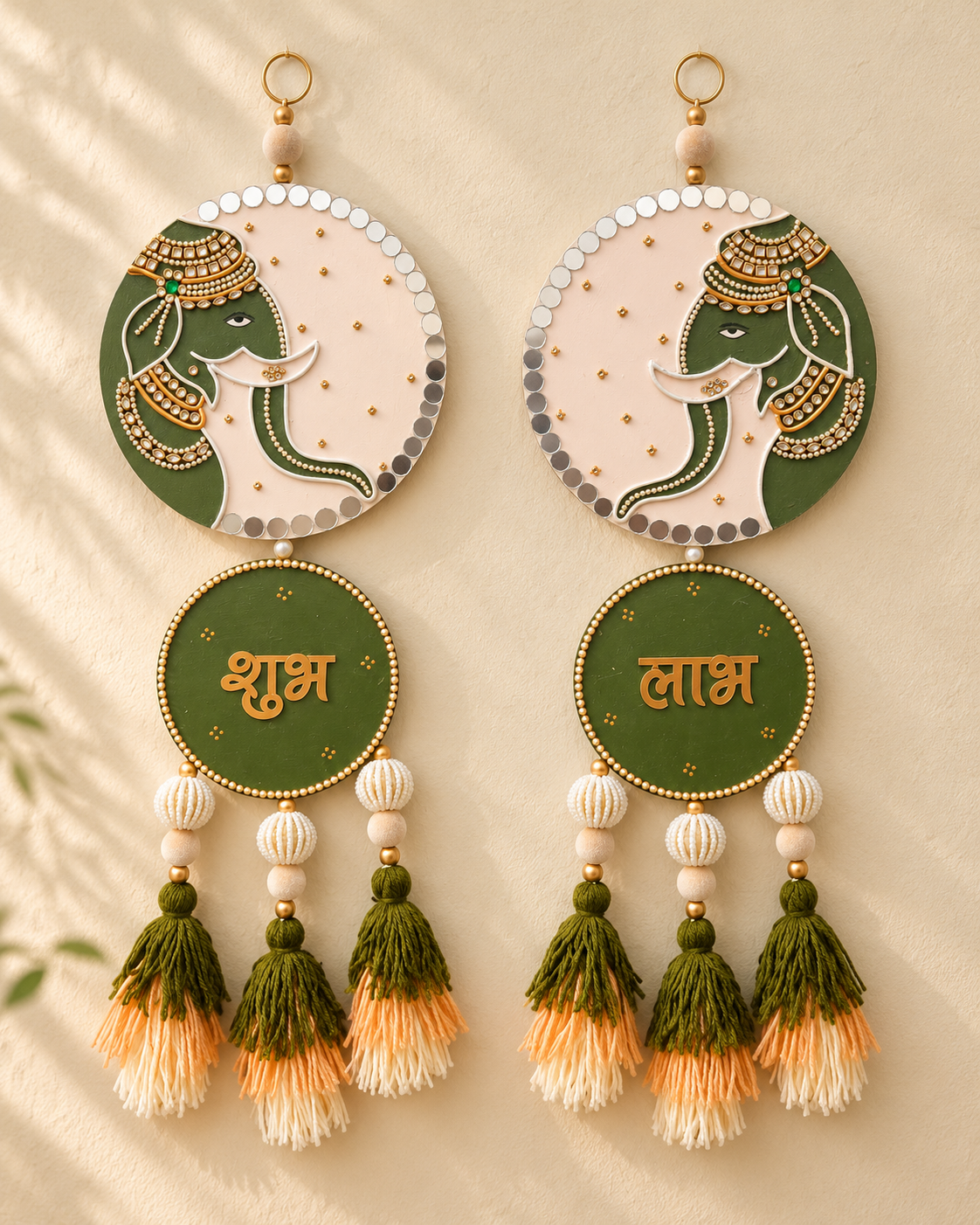 Shubh Labh Elephant Wall Hanging with Tassels & Beads – Green & Gold