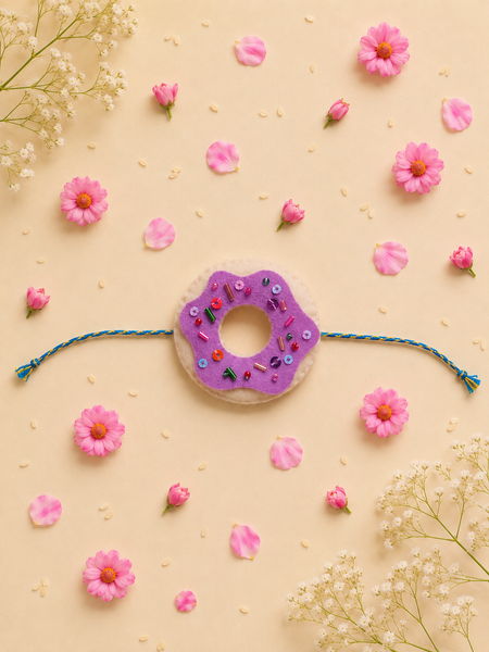 Handmade Donut Rakhi for Kids | Purple Sprinkle Felt Rakhi with Blue & Yellow Thread | Cute Raksha Bandhan Gift for Little Brother