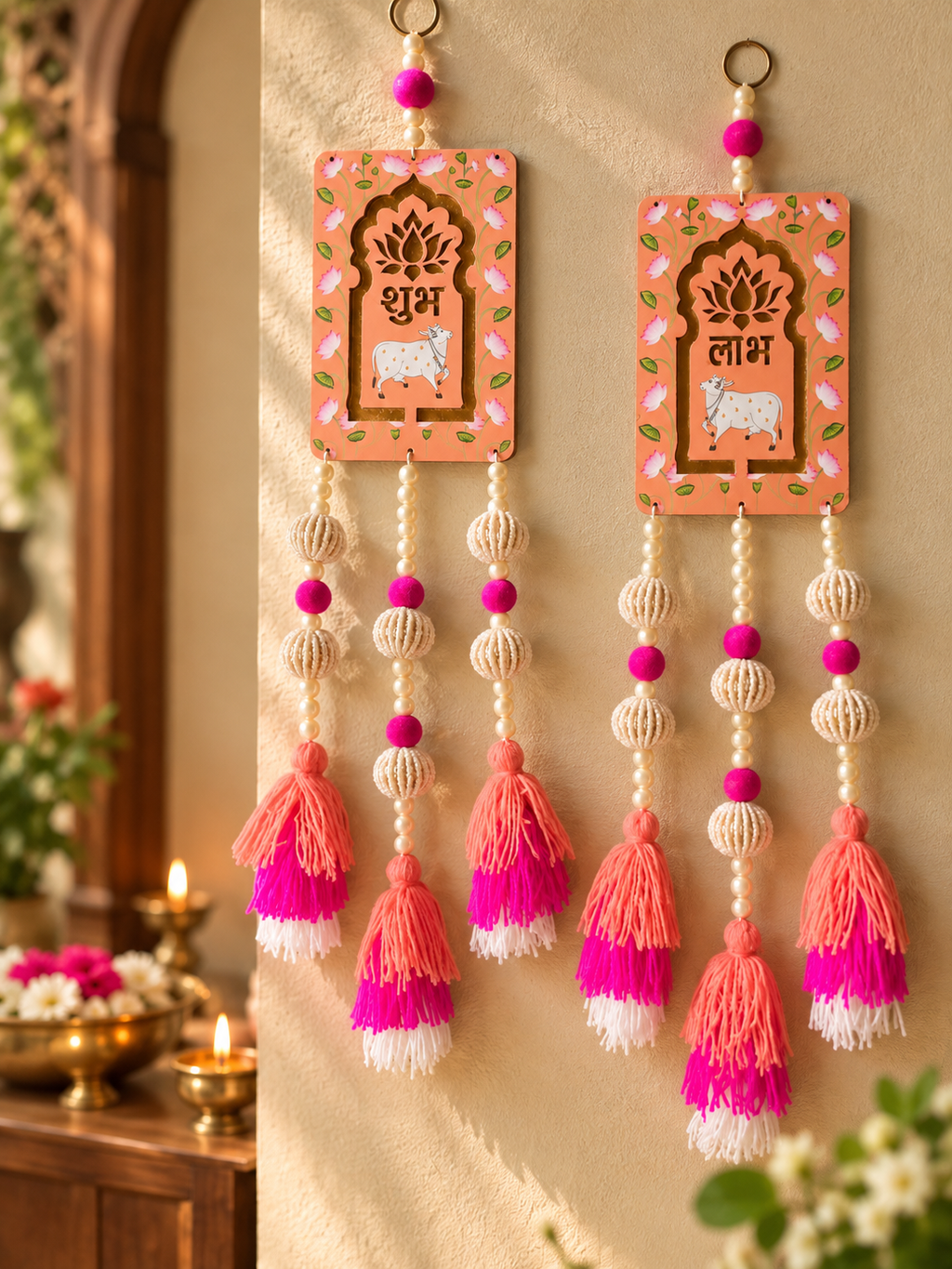 Shubh Labh Wall Hanging with Tassels – Peach & Pink