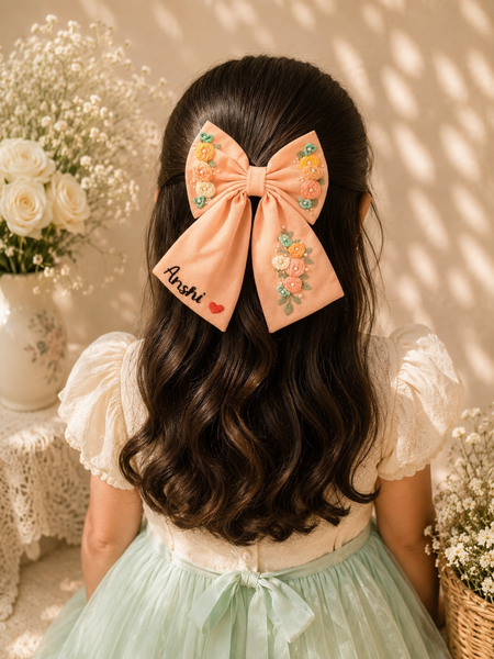 Peach Hand Embroidered Hair Bow with Name
