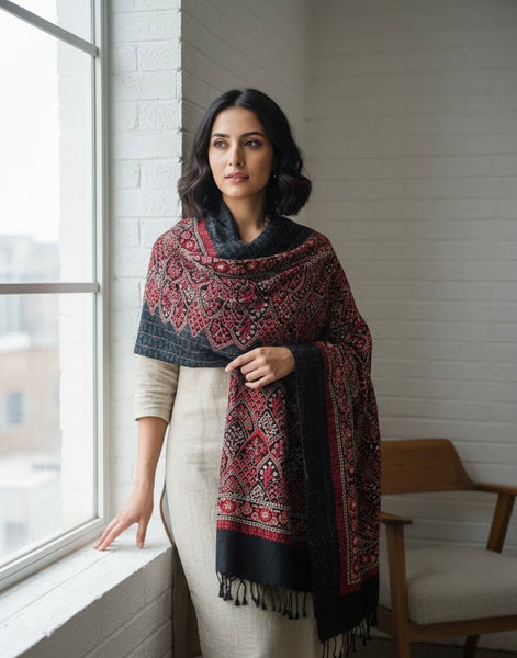 Red & Black Embroidered Heritage Stole