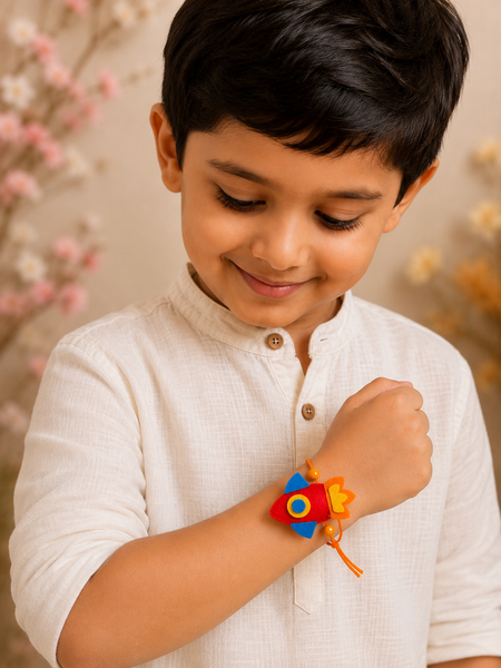 Cute Rocket Felt Rakhi for KIds