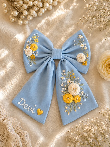 Powder Blue Embroidered Hair Bow with Name