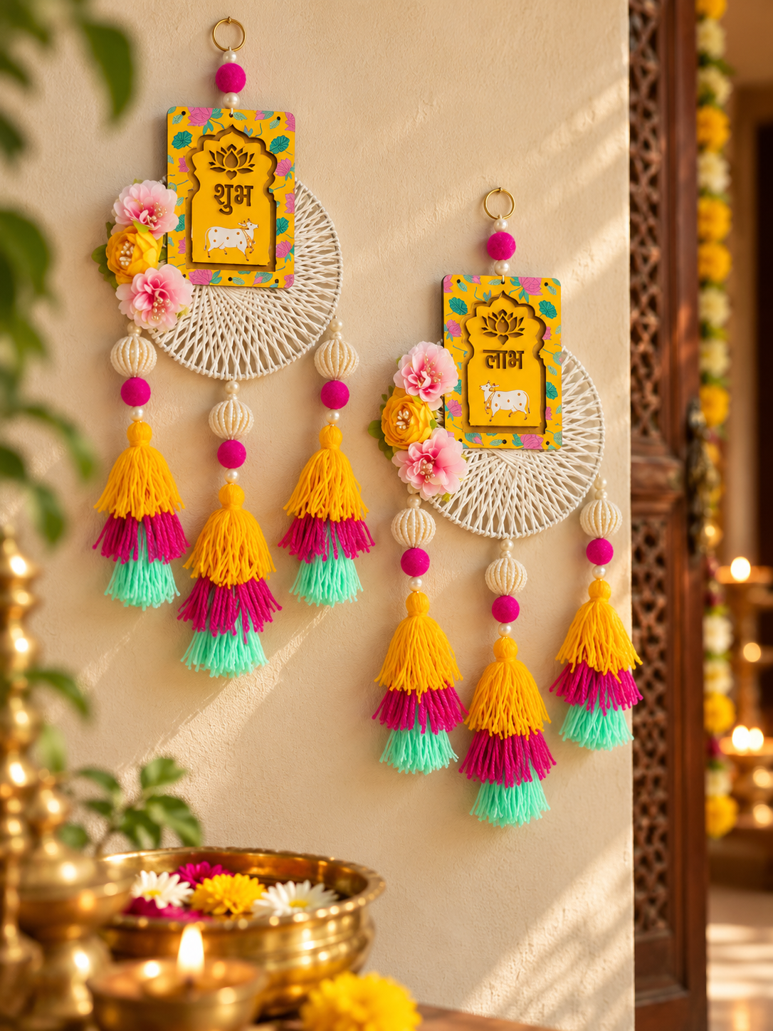 Shubh Labh Festive Wall Hanging – Yellow & Pink