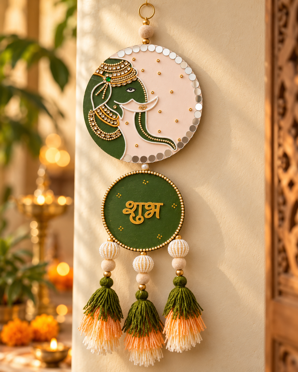 Shubh Labh Elephant Wall Hanging with Tassels & Beads – Green & Gold