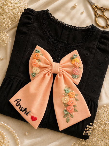 Peach Hand Embroidered Hair Bow with Name