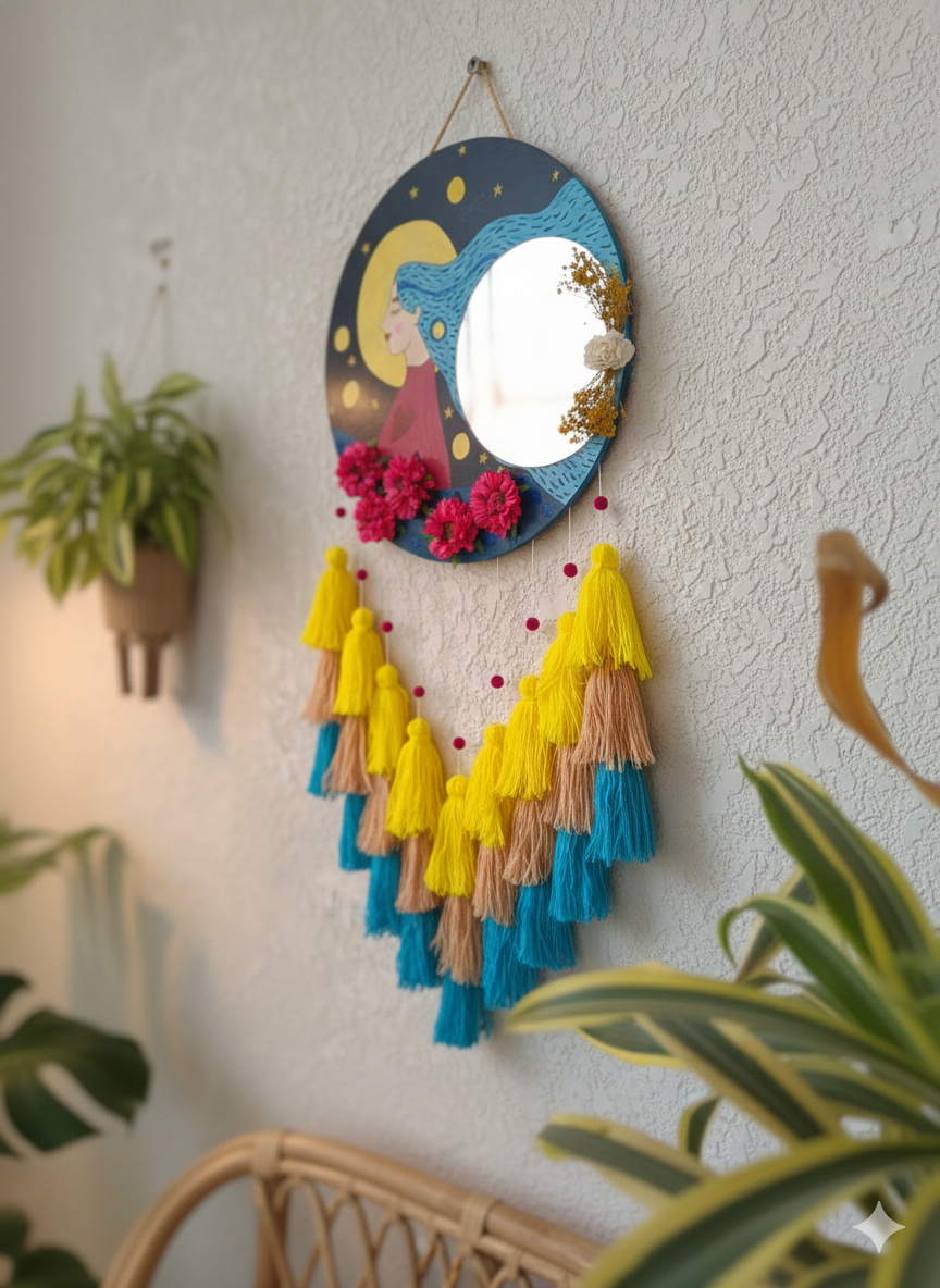 Hand-Painted Moon Muse Boho Mirror Tassel Wall Hanging