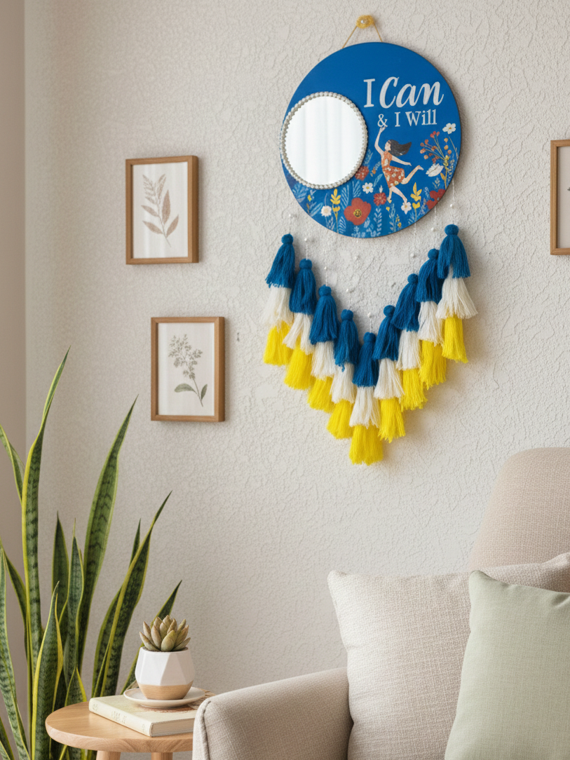 Hand-Painted 'I Can & I Will' Wall Decor with Mirror & Tassels