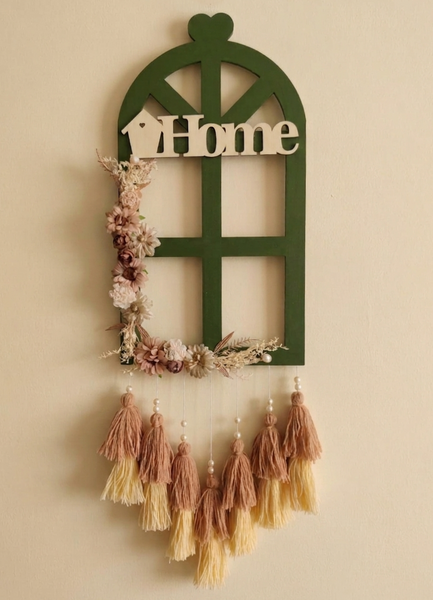 Boho Home Window Wall Hanging with Floral Accents & Tassels