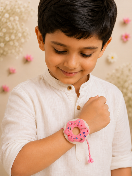 Handmade Donut Rakhi for Kids | Pink Sprinkle Felt Rakhi with Pink Thread | Cute Raksha Bandhan Gift for Little Brother