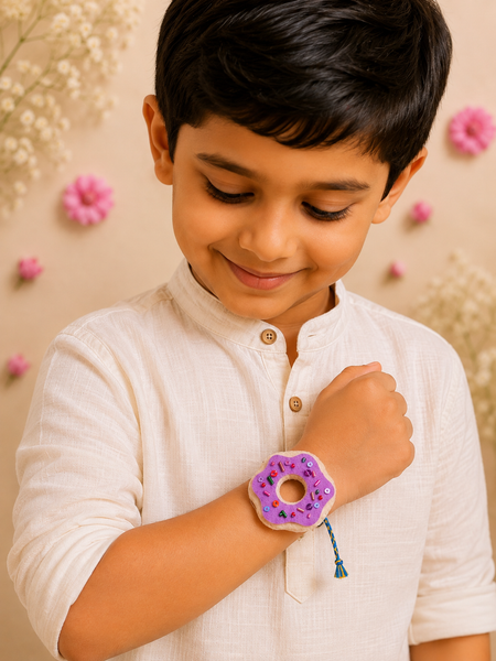 Handmade Donut Rakhi for Kids | Purple Sprinkle Felt Rakhi with Blue & Yellow Thread | Cute Raksha Bandhan Gift for Little Brother