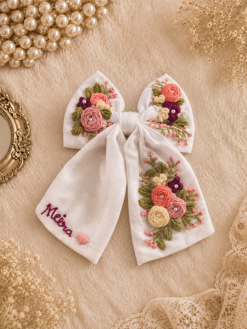 White Embroidered Hair Bow with Name