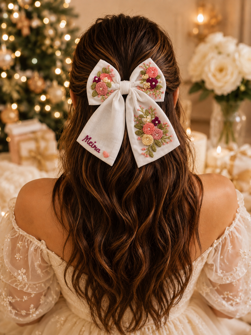 White Embroidered Hair Bow with Name