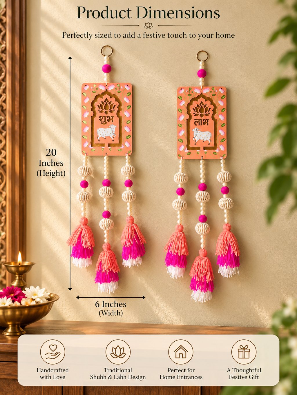 Shubh Labh Wall Hanging with Tassels – Peach & Pink