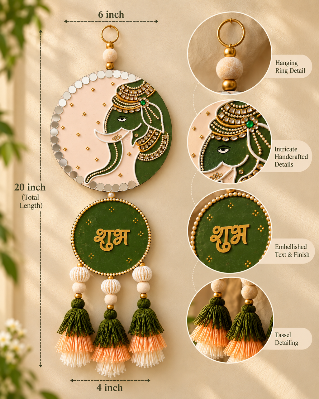 Shubh Labh Elephant Wall Hanging with Tassels & Beads – Green & Gold