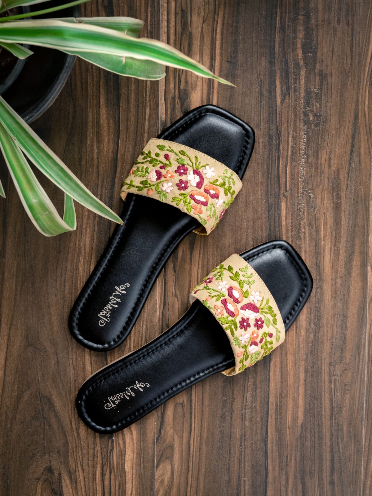 Multi-color floral embroidered Sliders