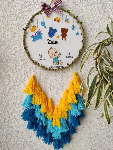 'New Born Baby Boy' Customizable Embroidered Hoop with Tassels