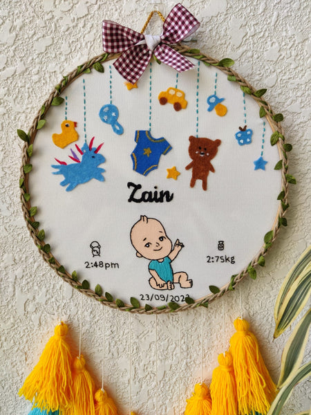 'New Born Baby Boy' Customizable Embroidered Hoop with Tassels