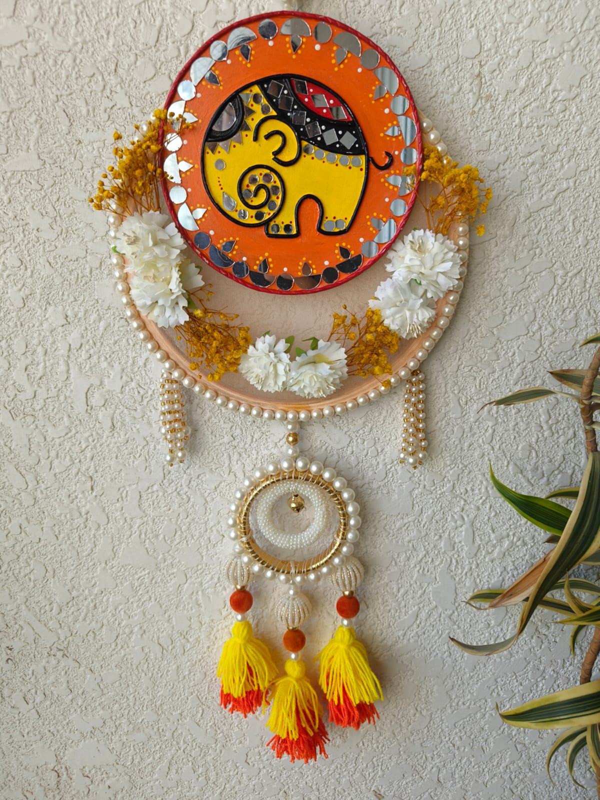 Elephant Motif Festive Wall Hanging with Tassels & Pearls