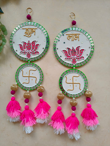 Shubh Labh Wall Hanging with Lotus & Tassels