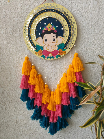 Baby Ganesha Lippan Art Wall Hanging with Tassles