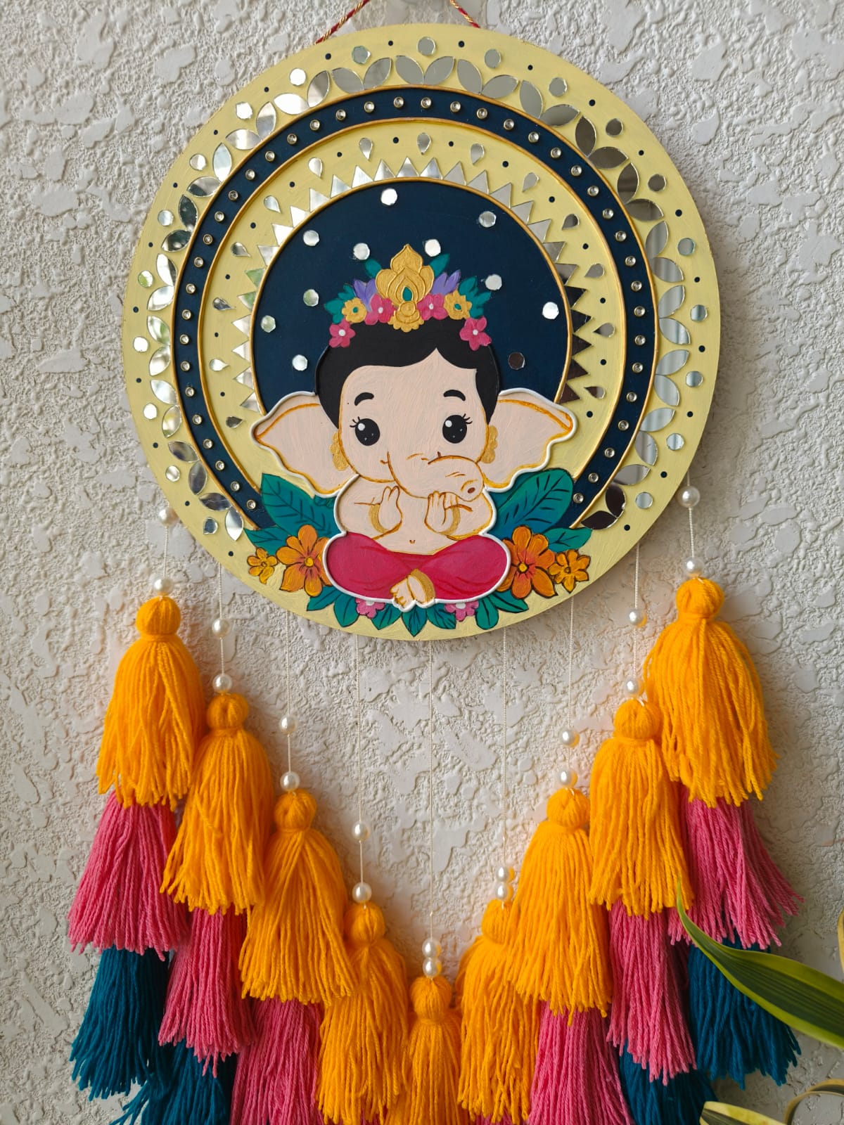 Baby Ganesha Lippan Art Wall Hanging with Tassles
