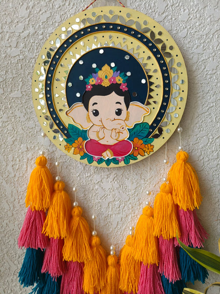 Baby Ganesha Lippan Art Wall Hanging with Tassles