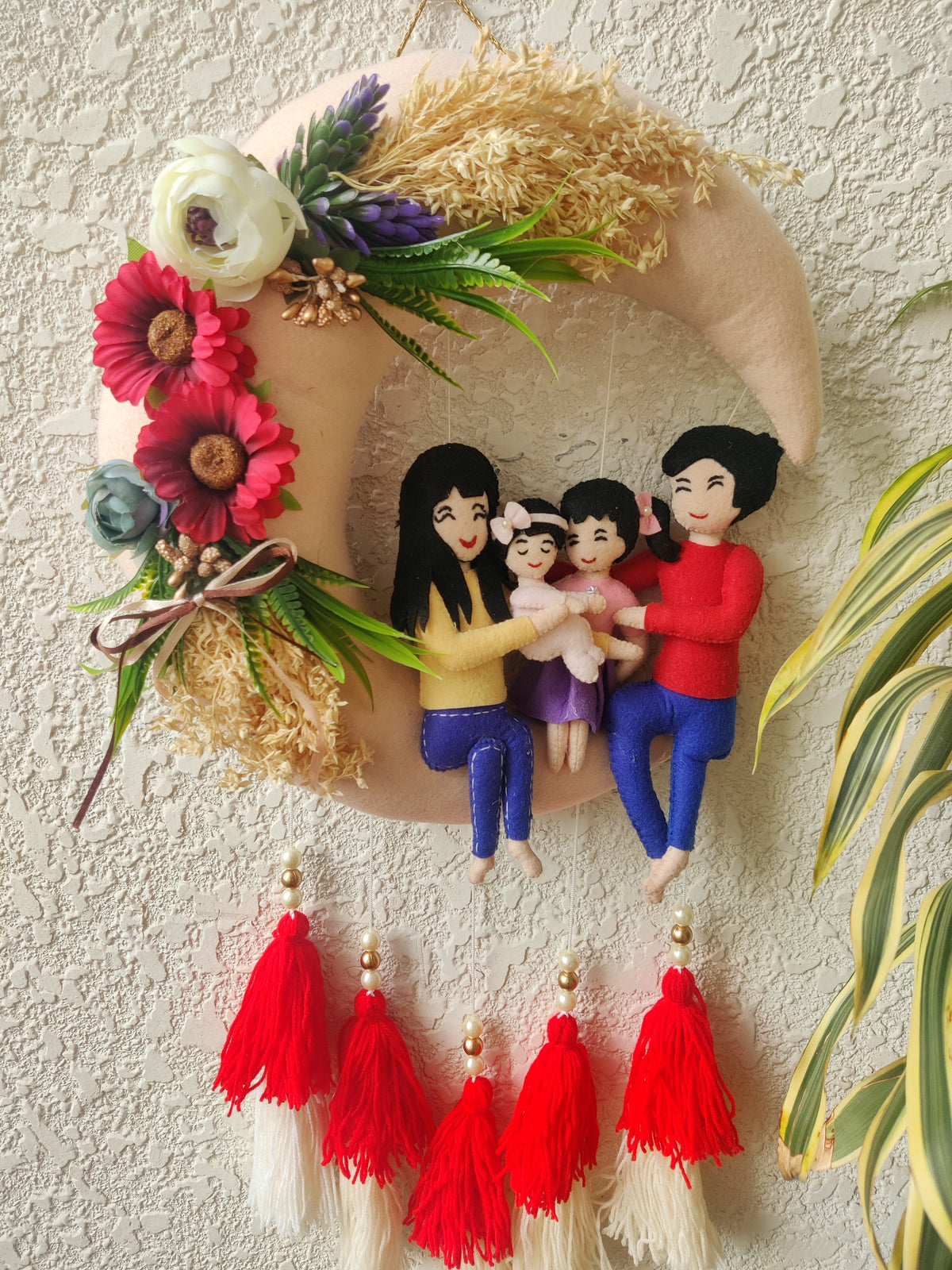 Couple & Two Daughters Felt Hoop with Tassels