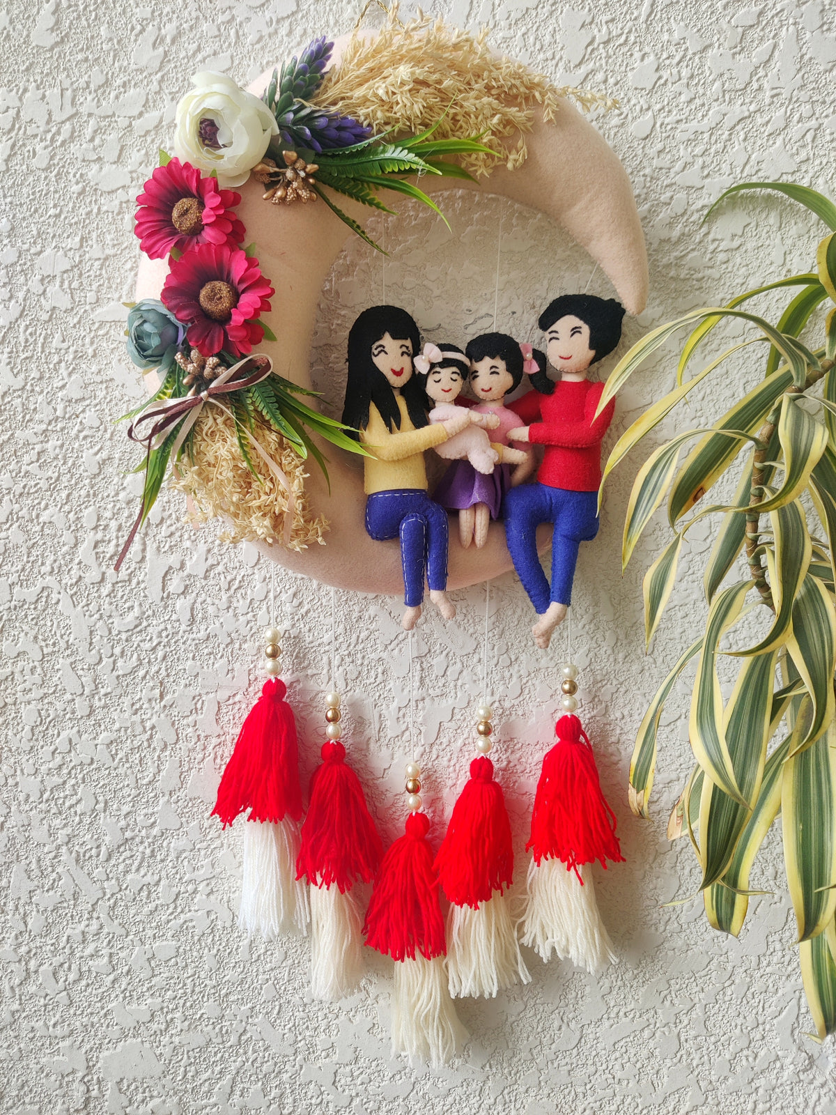 Couple & Two Daughters Felt Hoop with Tassels