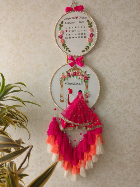 Customizable Bride & Groom Calendar Embroidered Double Hoop with Tassels