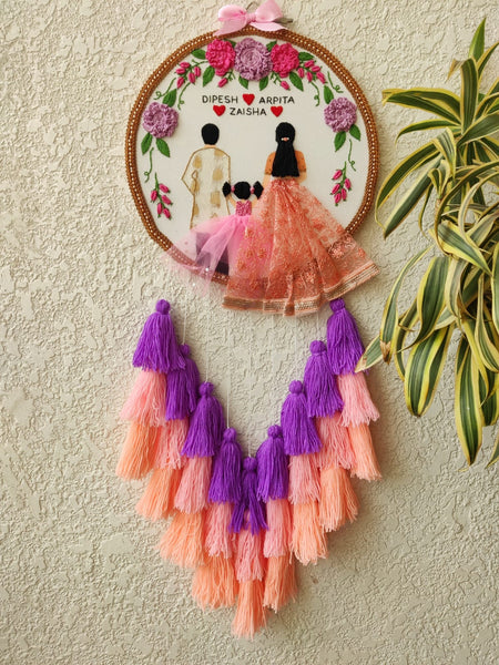 Customizable Couple & Child Anniversary Embroidered Hoop with Tassels